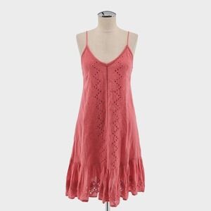 House of Harlow Eyelet Dress Womens Size XS Coral Embroidered Ruffle Boho Cotton